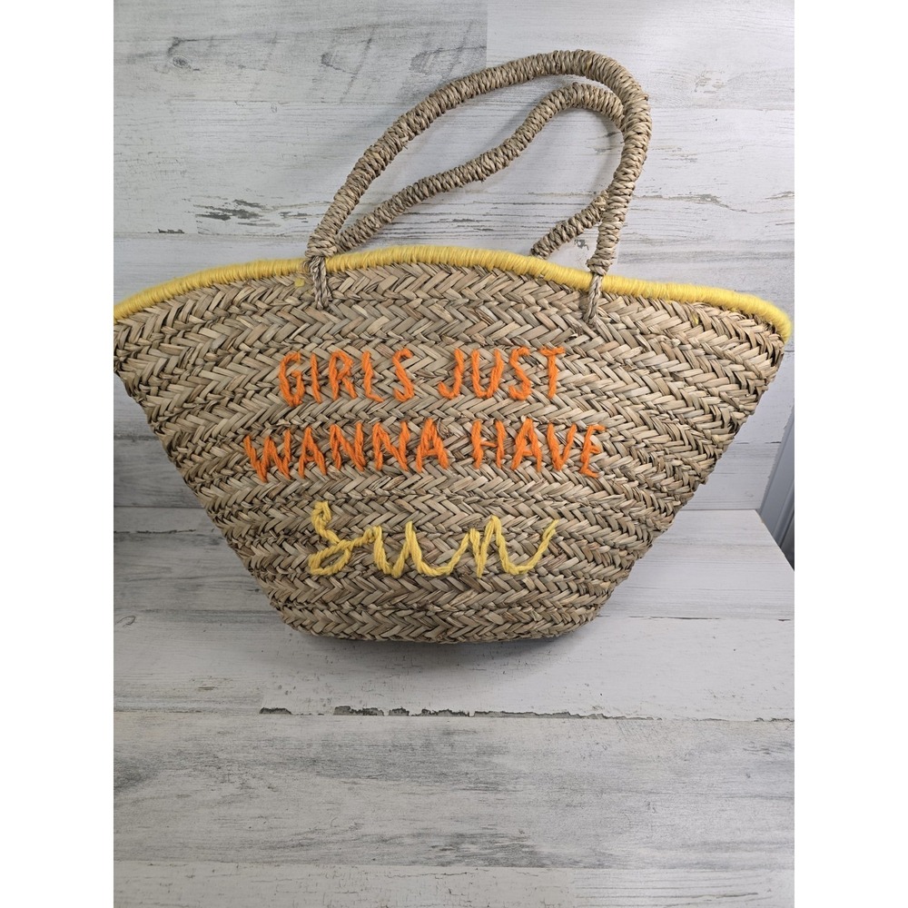 Girls Just Wanna Have Sun Straw Woven Tote Beach Market Bag Yellow Orange Trim